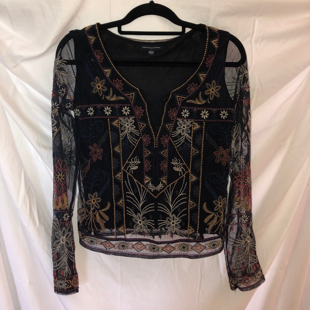 Semi Sheer Embroidered Print Blouse - Long Sleeve